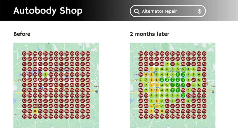Local SEO Services • local seo services • RED27Creative Google Business Profile ranking heatmap showing local SEO services and performance across different areas