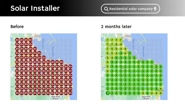 Local SEO Services • local seo services • RED27Creative Google Business Profile ranking heatmap showing local SEO services and performance across different areas