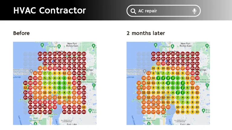 Local SEO Services • local seo services • RED27Creative Google Business Profile ranking heatmap showing local SEO services and performance across different areas