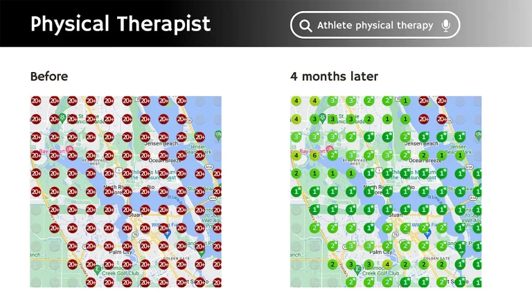 Local SEO Services • local seo services • RED27Creative Google Business Profile ranking heatmap showing local SEO services and performance across different areas