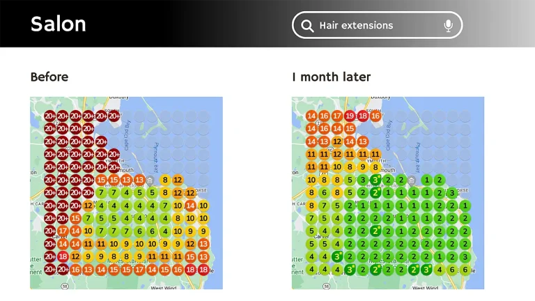 Local SEO Services • local seo services • RED27Creative Google Business Profile ranking heatmap showing local SEO services and performance across different areas