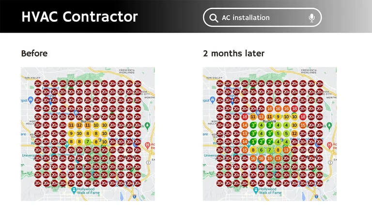 Local SEO Services • local seo services • RED27Creative Google Business Profile ranking heatmap showing local SEO services and performance across different areas
