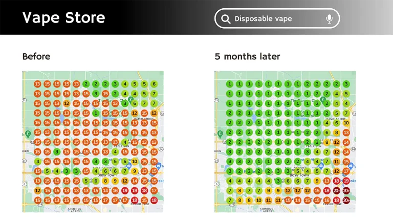 Local SEO Services • local seo services • RED27Creative Google Business Profile ranking heatmap showing local SEO services and performance across different areas