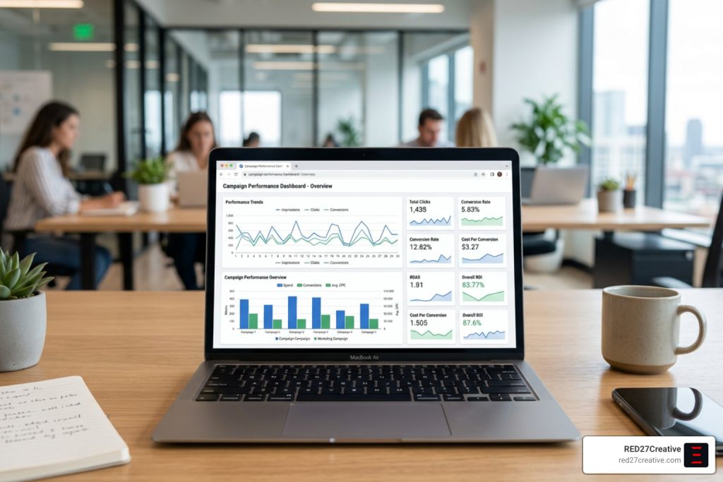 How to Pick a Google Ads Campaign Management Service Without Getting Burned • google ads campaign management services • RED27Creative Google Ads campaign management services dashboard showing paid search metrics and ROI