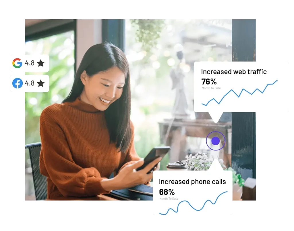 Woman reviewing local SEO ranking results on a smartphone