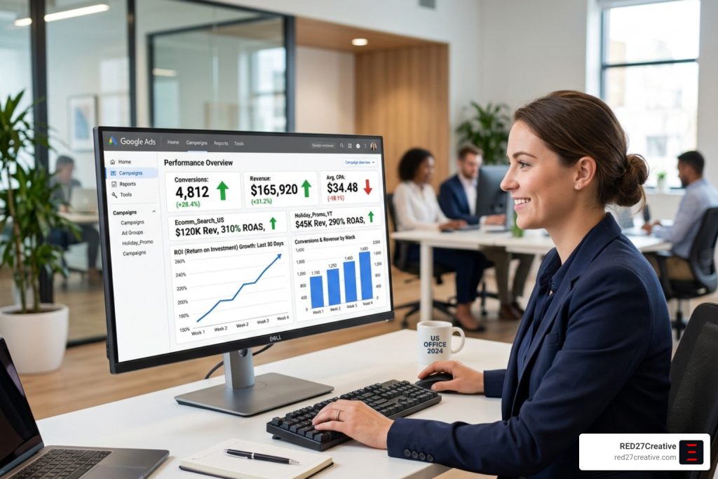 Master Your ROI with Google Ads Ad Manager • google ad campaign manager • RED27Creative google ad campaign manager dashboard showing rising ROI - google ad campaign manager