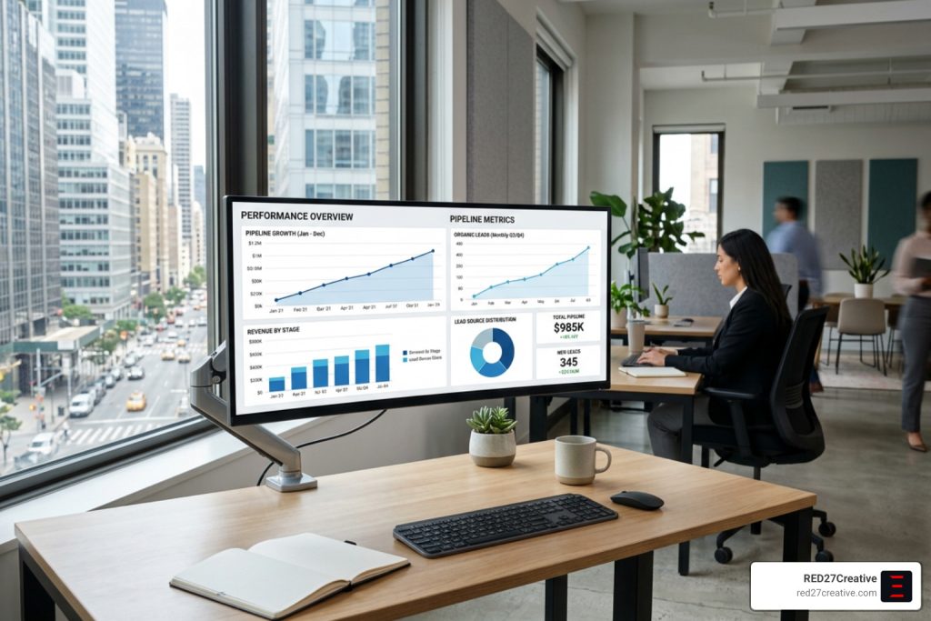 Stop Wasting Traffic and Start Generating B2B Leads with Technical SEO • B2B lead tech SEO • RED27Creative B2B lead tech SEO dashboard showing pipeline growth and organic lead metrics