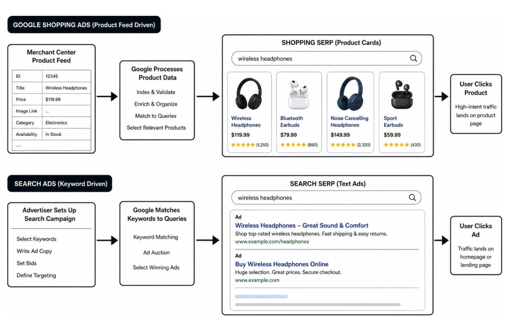 The Definitive Guide to Managing Google Shopping Ads • google shopping management • RED27Creative Comparison diagram showing data flow from Merchant Center product feed to Shopping SERP cards vs traditional keyword Search